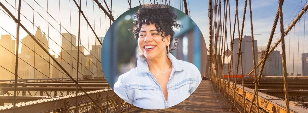 Shirin Eskandani, with Brooklyn Bridge in background