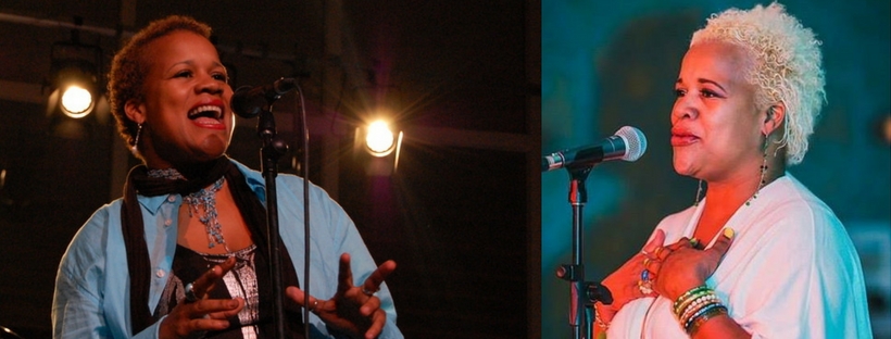 two photos of Katt Tait singing on stage